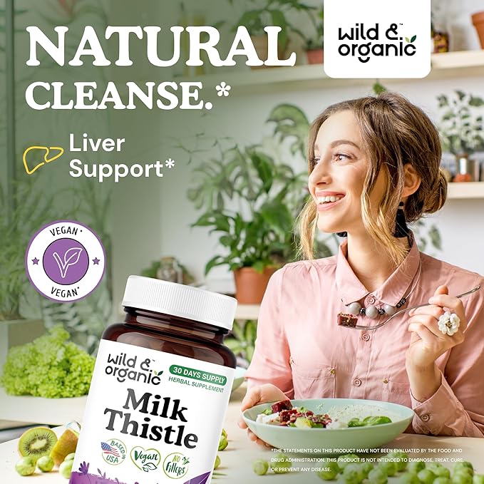 Wild &amp Organic Milk Thistle Capsules 1000mg - Liver Support Supplement - Silymarin Milk Thistle Powder for Liver Cleanse - 60 Vegan Capsules - 1-Month Supply - No Fillers Non-GMO