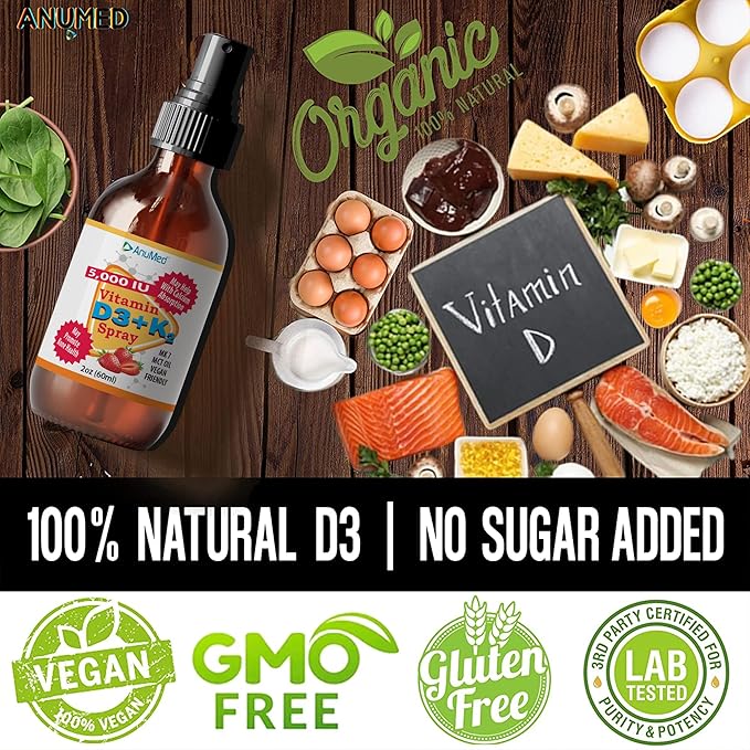 Vitamin D3 K2 5000 IU Liquid Spray with Organic MCT Oil Vitamin A (Retinol) 1250mcg K2 (MK4 MK7) Promotes Heart Bones Immune System. 100% Vegan Non-GMO No Sugar Added (2oz) (Strawberry)