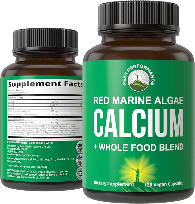 Plant Based Calcium - Red Marine Algae Calcium Supplement with Vitamin C D3 K Magnesium and Whole Food Vegetable Blend. Vegan Capsules for Bones and Joints. 120 Pills Tablets