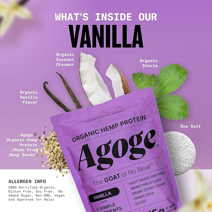 Agoge - USDA Organic Hemp Protein Powder The Goat of No Bloat NSF Certified for Sport All Flavor Essential Amino Acids Plant-Based Gluten Free for Women &amp Men (20 Servings) (Vanilla)