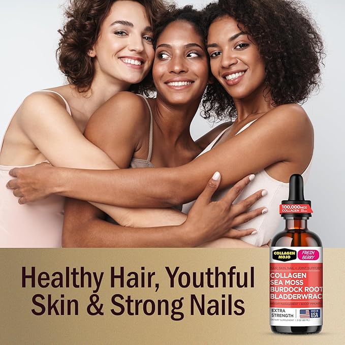 Collagen Mojo - Liquid Collagen for Women &amp Men Collagen Peptides with Sea Moss Burdock Root &amp Bladderwrack - Hair Skin Nails Joint Support Weight Management High Absorption - 100000mc
