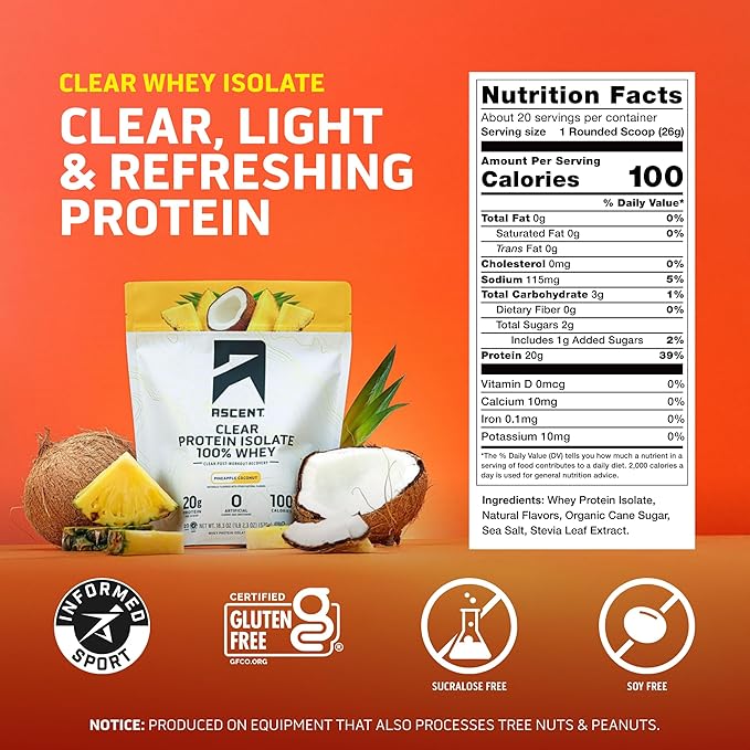 Ascent 100% Clear Whey Protein Powder - Post Workout Whey Protein Isolate Zero Artificial Flavors &amp Sweeteners Gluten Free 5.5g BCAA 2.1g Leucine Essential Amino Acids Pineapple Coconut 20