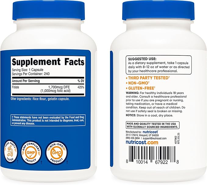 Nutricost Folic Acid (Vitamin B9) 1000 mcg 240 Capsules (Pack of 2)