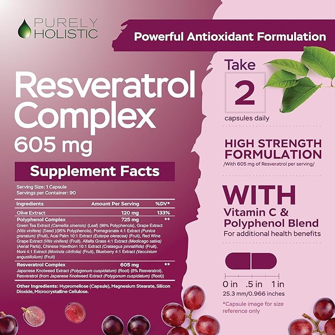 Purely Holistic Resveratrol 1450mg 90 Servings Trans-Resveratrol Antioxidant Supplement with Vitamin C and Polyphenol Complex 180 Vegan Capsules