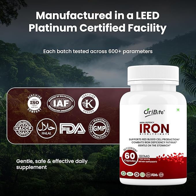 Iron Bisglycinate 180mg – High Potency Iron Supplement for Red Blood Cell Production Iron Deficiency &amp Energy Support – Gentle on Stomach Non-GMO Gluten Free 60 Veg Capsules