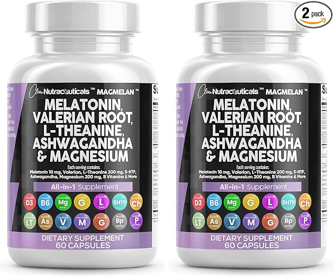 Clean Nutraceuticals Melatonin 10mg Valerian Root L Theanine 200mg Ashwagandha - Sleep Support for Women &amp Men with Magnesium Complex Lemon Balm Chamomile &amp Passion Flower - 60 Caps (Pack o