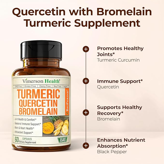 Quercetin with Bromelain Turmeric Curcumin Supplement – Allergy Relief Immune &amp Joint Support – Organic Turmeric Supplement w/Bioperine for Enhanced Absorption 60 Quercetin 500mg Capsules