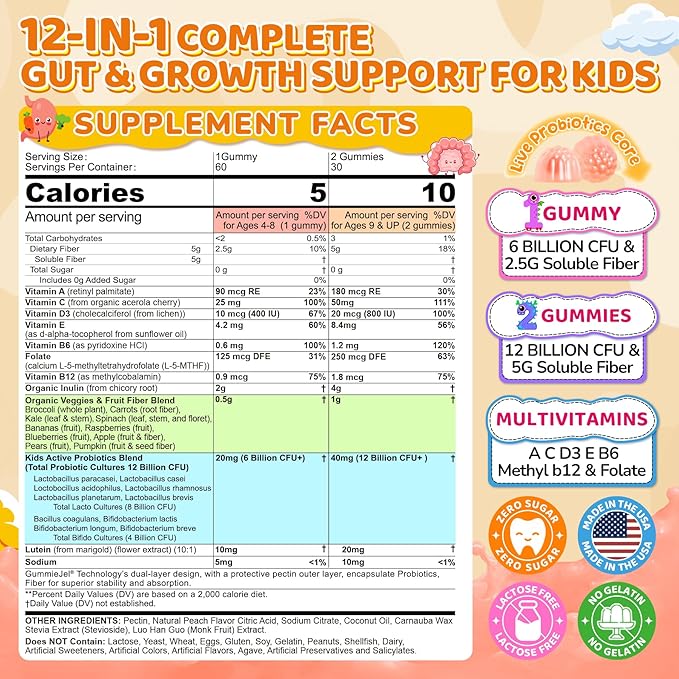 Kids Probiotic + Prebiotic Fiber Gummies 5G 12 Billion CFU Probiotic &amp Veggie Fruit Fiber + Kids L-Methylfolate Gummies Active 5-MTHF + Methyl B12 Vitamin B6 B2 Choline Vegan Omega 3 DHA &am