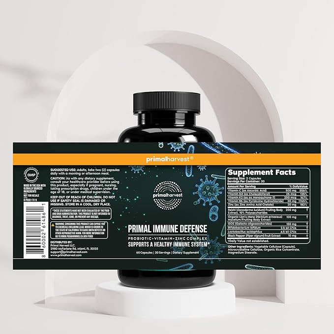 Primal Harvest Primal Immune Defense: 10-in-1 Immune Support with Probiotics Zinc Vitamins C B6 D3 &amp K2 Immune Booster for Adults 60 Capsules (2-Pack)