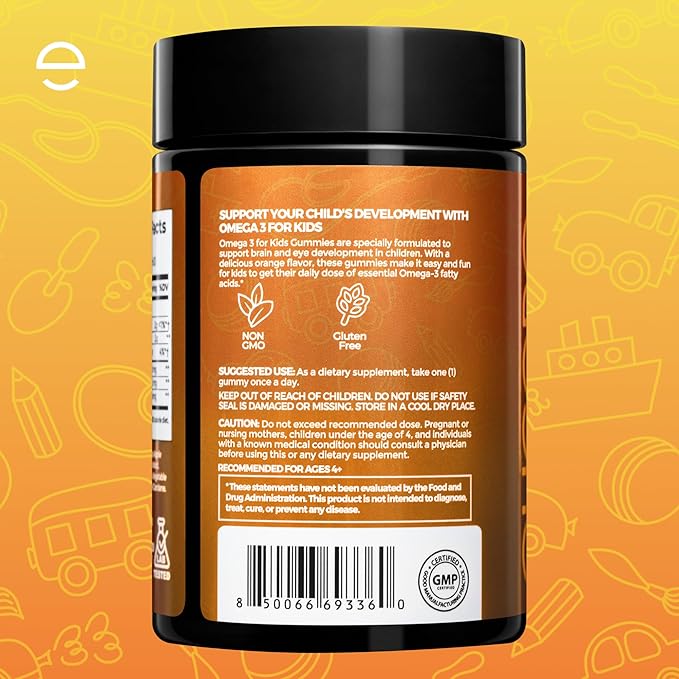 Premium Kids Omega 3 Gummies – Orange Flavor Fish Oil for Kids – Omega 3 Gummies for Children – No Fish Burps – Brain Eye &amp Immune Support – 2 Month Supply
