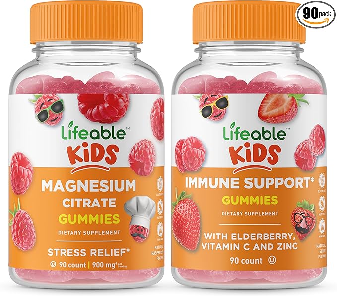 Lifeable Magnesium Kids + Immune Support Kids Gummies Bundle - Great Tasting Vitamin Supplement Gluten Free GMO Free Chewable Gummy