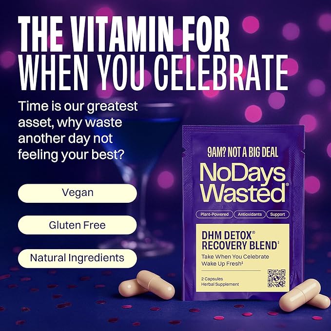 DHM Detox® - No Days Wasted® - New Look - Dihydromyricetin Supplement Milk Thistle Prickly Pear B Vitamins Hydration Electrolytes Blend-Take During Evening for Better Next Day and Recovery