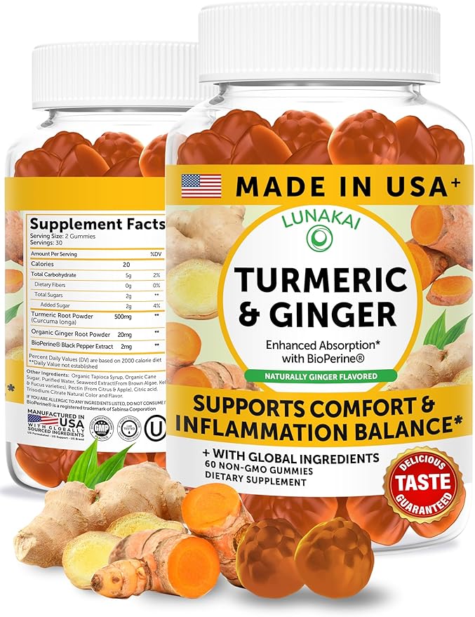 Lunakai USA Made Turmeric and Ginger Supplement Gummies 500mg with Black Pepper – High Absorption Curcumin Turmeric Gummies for Joint Comfort Daily Immune Support Non-GMO 60ct
