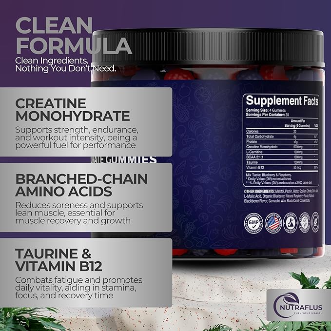 Creatine Monohydrate Gummies – Berry Flavored Creatine Supplements for Women and Men – 120Pcs Pre Workout Gummies with BCAA Taurine Vitamin B12 - Promote Energy Boost Performance