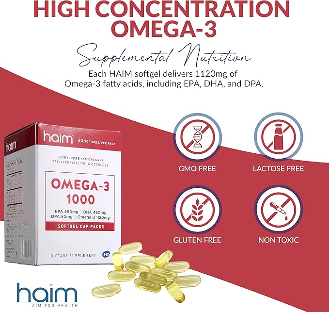 HAIM Omega-3 1000 Fish Oil Softgels — 1120mg Omega-3 with EPA DHA Fatty Acids — Burpless Odorless No Fishy Smell — Triple Strength Concentrated Supplement — Nutritional Softgels — 60 Count