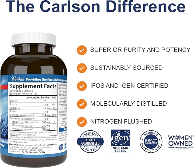 Carlson - Salmon Oil 500 mg Omega-3s Norwegian Heart Brain &amp Joint Health 300 Softgels