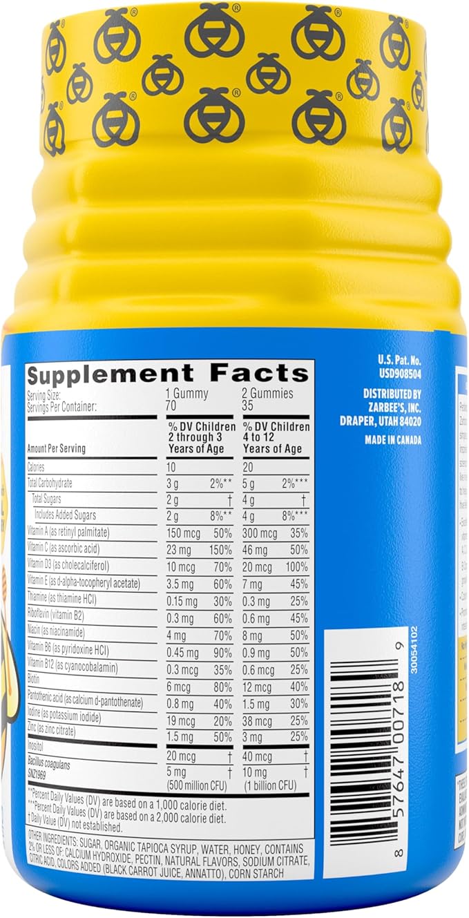 Zarbee's Kid's Complete Multivitamin + Probiotic Gummies with Vitamins A B C D E &amp zinc for Digestive Health Easy To Chew Kids Daily Multivitamin Gummies Natural Fruit 70 Count