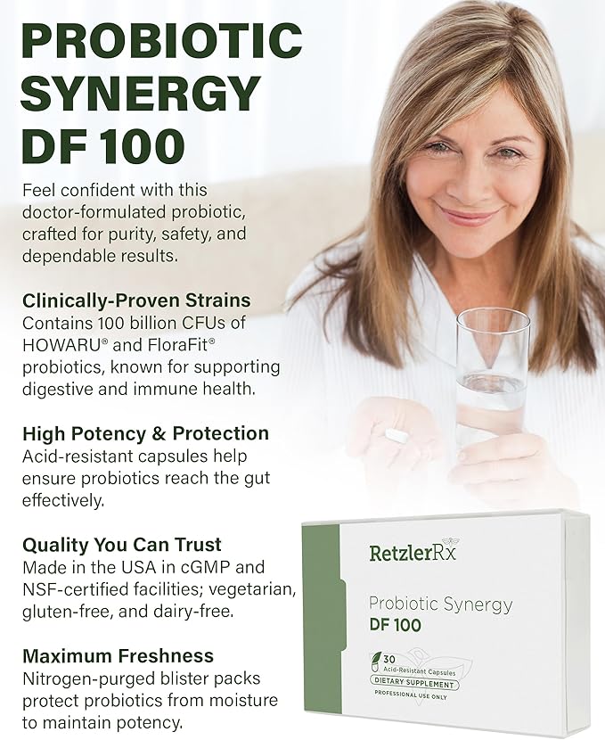 Probiotic Synergy DF 100 Billion CFU - 30 Acid Resistant DRCaps - Lactobacillus Acidophilus La-14 Lactobacillus Plantarum Lp-115 Bifidobacterium Longum Bl-05 HOWARU Bifido HN019