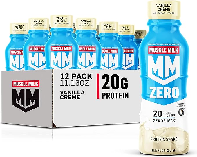 Muscle Milk Zero Protein Shake Vanilla Crème 20g Protein Zero Sugar 100 Calories (Pack of 12) &amp Genuine Protein Shake Vanilla Creme 11.16 Fl Oz Bottle 12 Pack 25g Protein