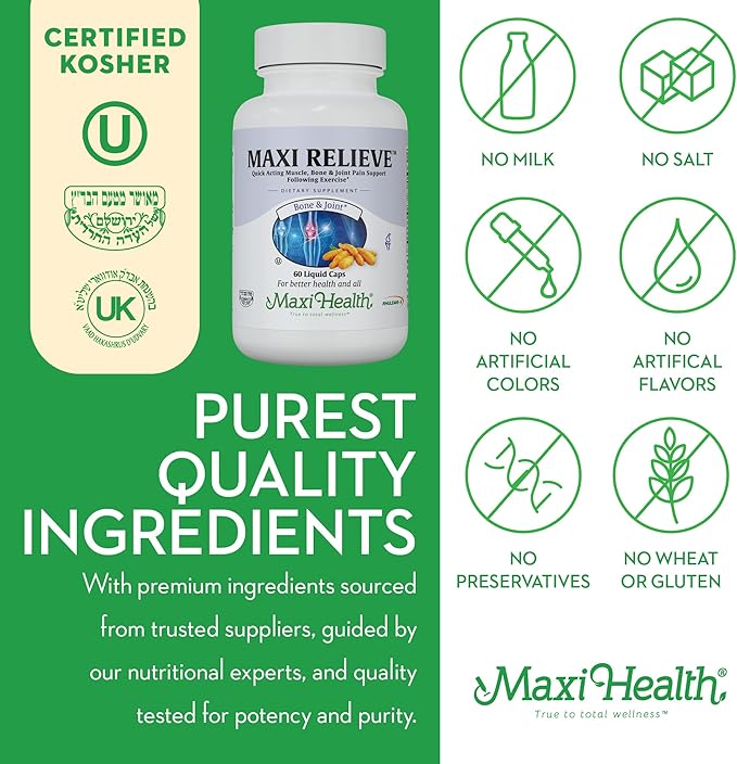 Maxi Health Relieve Joint Support Supplement with Turmeric and Boswellia Serrata Quick-Acting Support After Exercise Vegetarian Non-GMO Bone &amp Joint Health Supplement for Men &amp Women 60 Cap