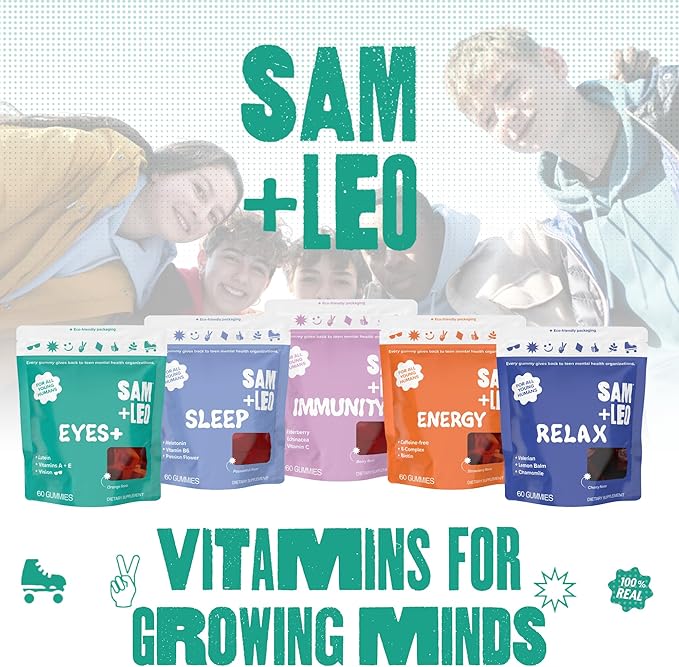 SAM+LEO Eye Vitamin Gummies with Lutein &amp Zeaxanthin for Kids &amp Teens - Eye &amp Vision Health Support Supplement Gummies + Vitamins A E &amp C | Vegan &amp Gluten Free Supplement - Orang