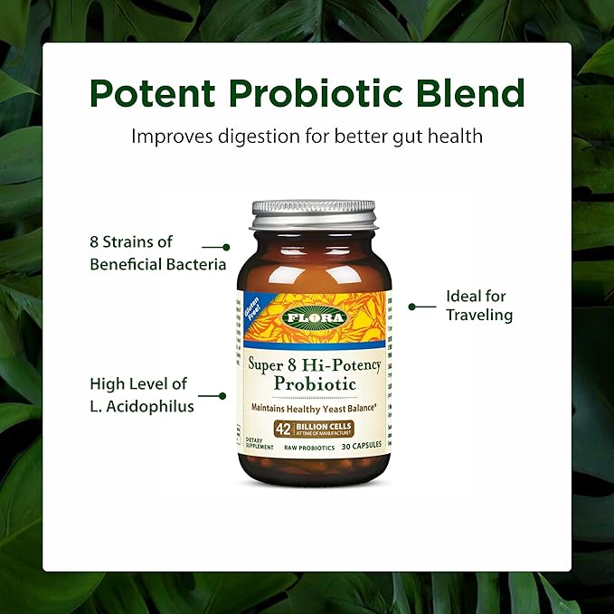Flora Super 8 Hi Potency Probiotics 30 Count - Healthy Yeast Balance &amp Digestive Health - for Men &amp Women - 42 Billion CFU Raw Gluten Free - Up to 1 Month Supply