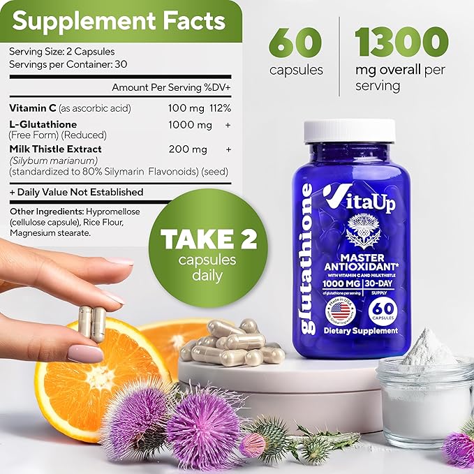 Reduced Glutathione Supplement 1000mg - USA Made Glutathione Capsules with Vitamin C &amp Milk Thistle for Liver Care Skin Support &amp Immune Well-Being - 60 Count