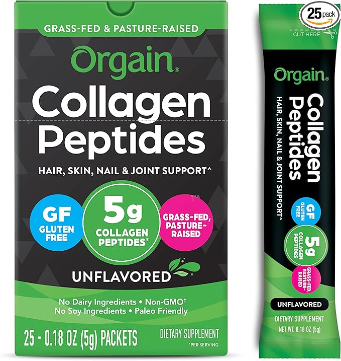 Orgain Hydrolyzed Collagen Peptides Travel Packets For Women &amp Men - 5g Grass Fed Collagen Per Serving Hair Skin Nail &amp Joint Support Supplement Non-GMO Type I &amp III - Unflavored (25
