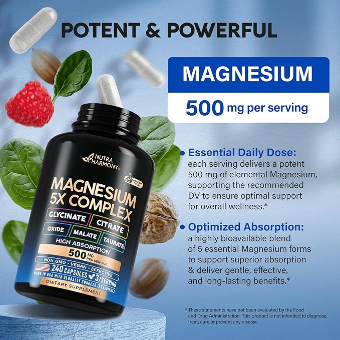 Magnesium Supplement - 5 in 1 Complex 500 mg | Glycinate | Citrate | Malate | Taurate | Oxide - Made in USA - Stress Muscle &amp Heart Support - Vegan Natural Non-GMO - 240 Capsules