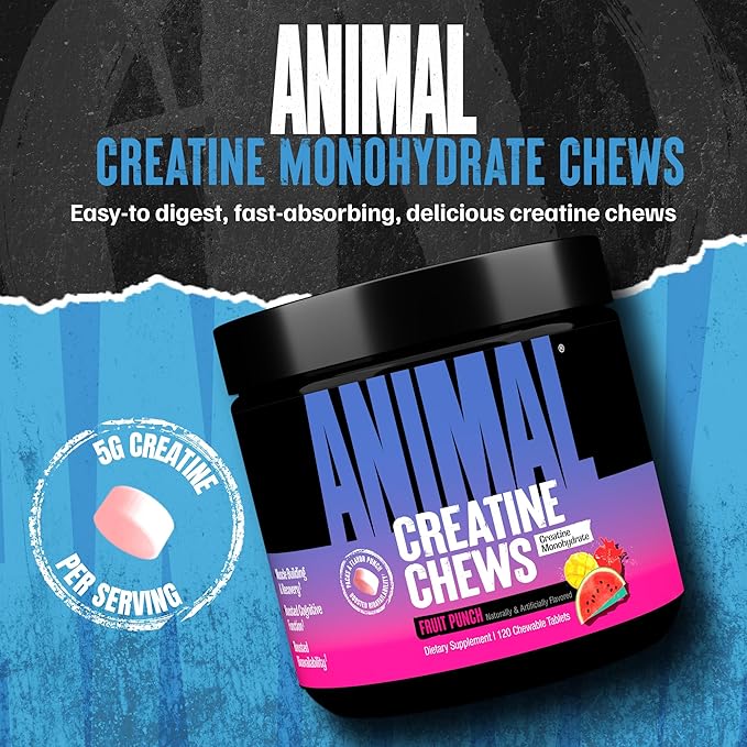 Animal Creatine Chews Tablets - Enhanced Creatine Monohydrate with AstraGin to Improve Absorption Sea Salt for Added Pumps Delicious and Convenient Chewable Tablets - Fruit Punch