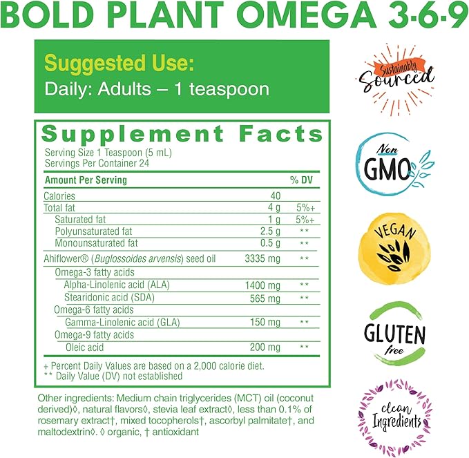 Bold Botanica Plant Vegan Omega 3-6-9 with Ahiflower Oil Omega 3 Liquid Supplement for Women &amp Men Plant-Based Omegas for Brain &amp Immune Health Better Than Flax Fish Free Sugar-Free 4 fl