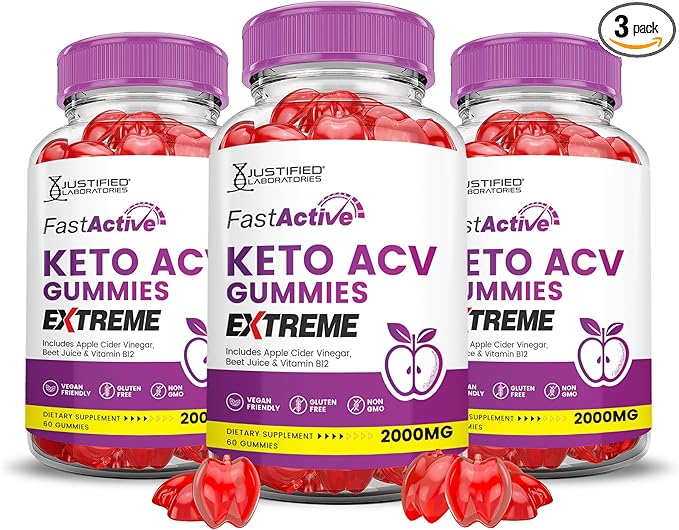 (3 Pack) Fast Active Keto ACV Gummies Extreme 2000MG Fastactive Keto Gummies Apple Cider Vinegar Formulated with Pomegranate Beet Juice Powder B12 Vegan Non GMO 180 Gummys