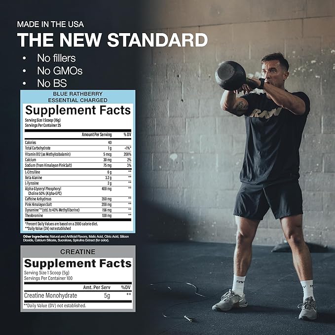 RAW Nutrition Creatine Monohydrate &amp Blue Rathberry Pre-Workout Powder Bundle