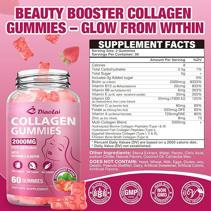 Sugar-Free Multi Collagen Gummies for Women &amp Men – Types I II III V X with Biotin Vitamin C &amp Zinc for Hair Skin &amp Nails | Strawberry Flavor | 120 Gummies