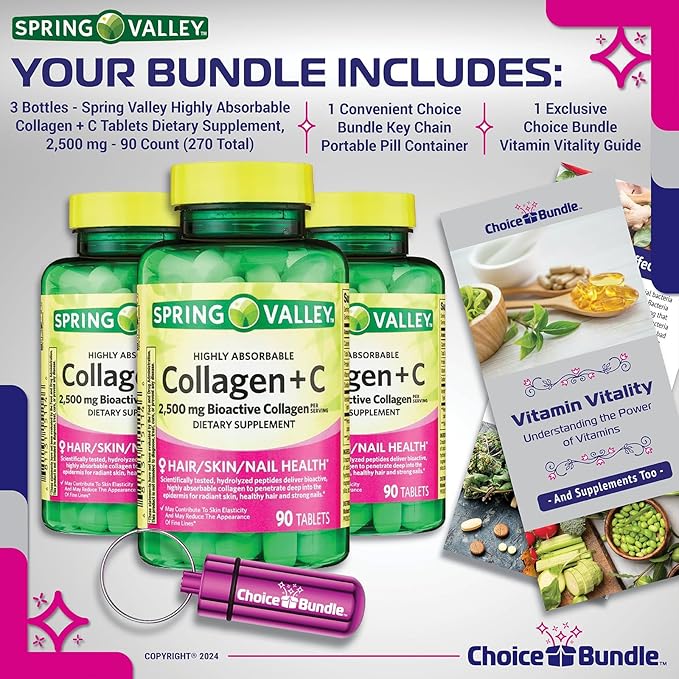 Spring Valley Highly Absorbable Collagen + Vitamin C Tablets Hair Skin Nail Health 2500 mg 90 Ct 3 pk (270 Total) + Vitamin Vitality &amp Pill Container (5 Items)!