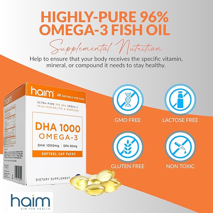 HAIM DHA 1000 Omega-3 Fish Oil - 90% Purity with 1000mg DHA 50mg DPA - High Potency Fish Oil Supplement for Brain Eye &amp Heart Support - Promotes Overall Wellness &amp Focus - 1 Box 60 Softgels