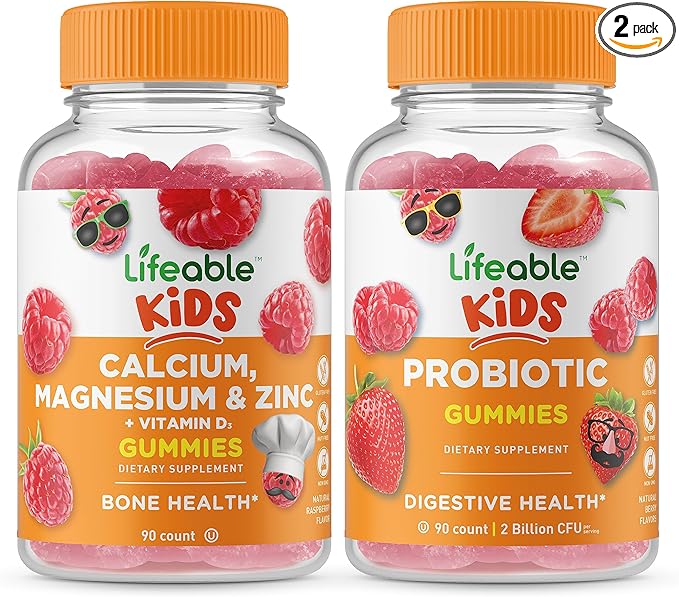 Lifeable Calcium Magnesium &amp Zinc Kids + Probiotic 2 Billion CFU Kids Gummies Bundle - Great Tasting Vitamin Supplement Gluten Free GMO Free Chewable Gummy