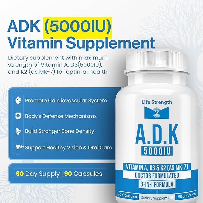 ADK 90 CT 5000 IU Physician Formulated Vitamins A D3 &amp K2 (as MK7) Bone Heart &amp Immune System Support Gluten Free Soy Free Non-GMO