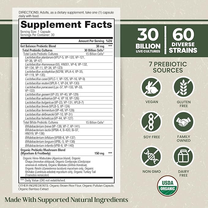 Vital Planet - Organic Flora Probiotics for Gut Balance Shelf Stable Probiotic 30 Billion CFU 60 Diverse Strains Prebiotic Organic Mushroom Blend for Immune Support and Digestive Health 30 Capsules