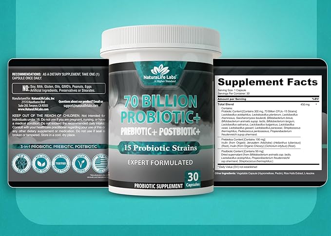 NaturaLife Labs Probiotics 70 Billion CFU – 15 Strains with Organic Prebiotic &amp Postbiotic – 3-in-1 Formula – 30 Vegan Capsules (2 Pack)