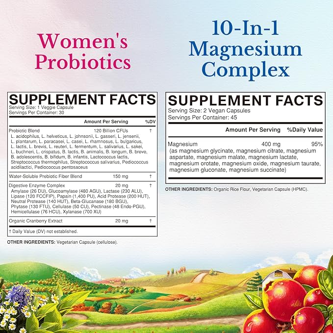 Vitalitown Magnesium + Probiotic Bundle (Pack of 2) | 10-in-1 Magnesium Complex &amp Women’s Probiotics 120 Billion CFUs | 90 Magnesium Caps &amp 30 Probiotic Caps