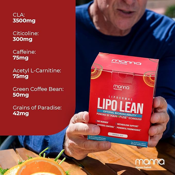 Manna Vitamins Evolved Liposomal Lipo Lean Thermogenic Metabolism Support Cravings Management Weight Loss Support for Women Men Liposomal Absorption 3500mg CLA Carnitine Green Tea 30 Packets