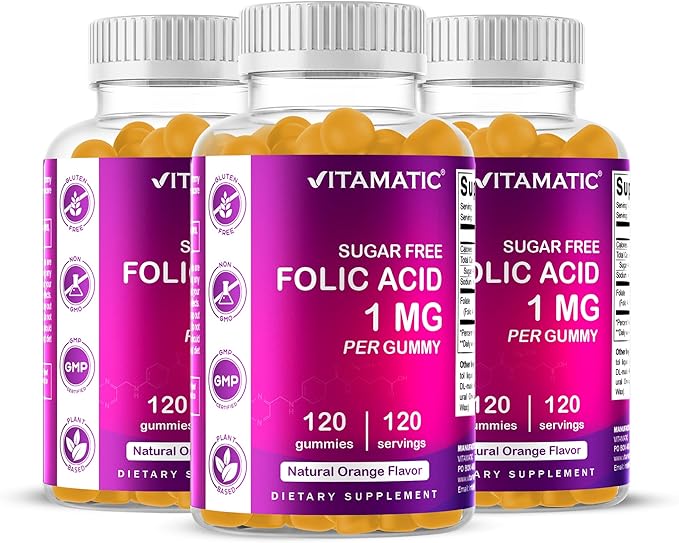 Vitamatic Folic Acid Gummies 1000 mcg (1 mg) - an Essential Prenatal Vitamins for Mom &amp Baby - Vitamin B9-120 Vegan Gummies (3)