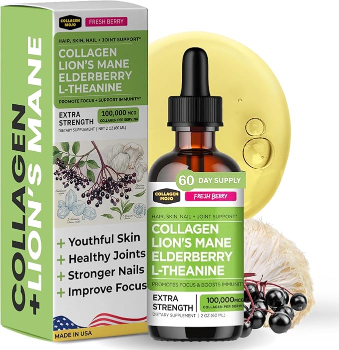Collagen Mojo - Liquid Collagen for Women &amp Men Collagen Peptides with Lion's Mane Mushroom Elderberry &amp L-Theanine - Hair Skin Nails Joint Support Focus High Absorption - 100000mcg 2