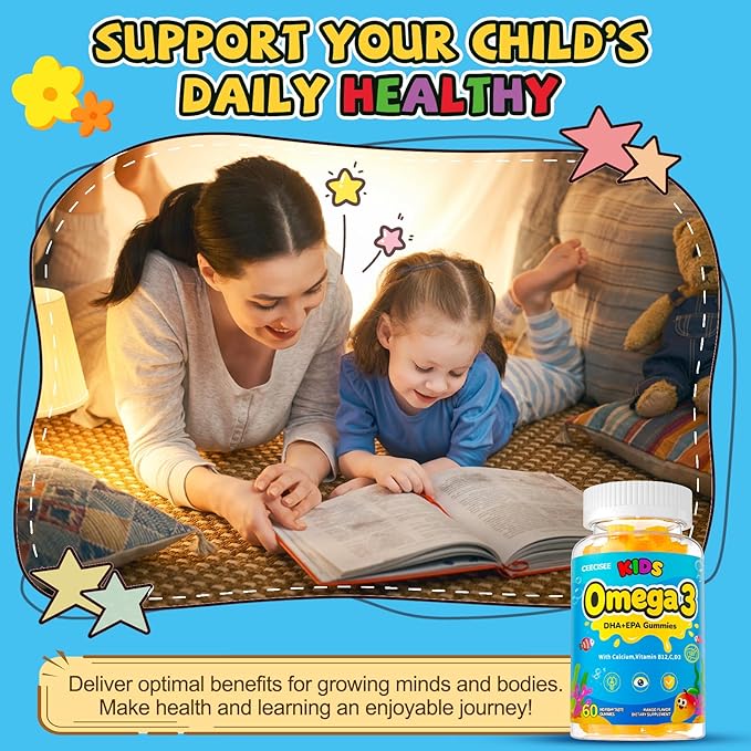Organic Kid’s Omega-3 Gummies: Chewable Fish Oil Alternative Vegan Omega 3 Fatty Acid Supplement with DHA EPA Vitamin D3 B12 Calcium Magnesium - Focus Immune Health Support for Kids(120Count)