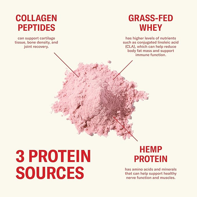 Ballerina Farm Grass Fed Whey Protein Powder Strawberry Crème 24g Protein with Collagen Peptides Bovine Colostrum Hemp Hearts Prebiotic Fiber No Added Sugar or Artificial Ingredients 20 Servings