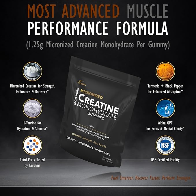 Creatine Monohydrate Gummies for Men &amp Women - Sugar Free &amp Vegan Advanced Formula W/L-Taurine + Vitamin B12 - for Muscle Strength Muscles Builder Recovery (120 Count (Pack of 1) Strawberry