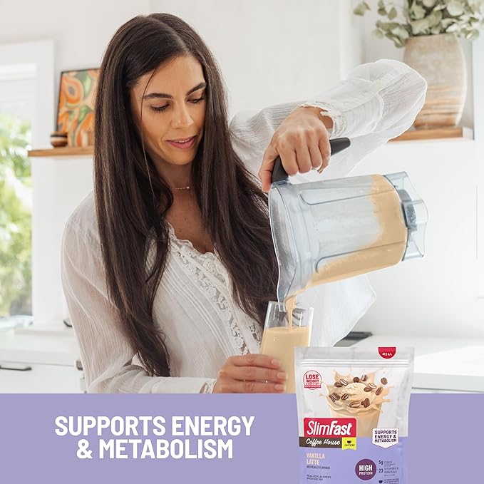 SlimFast High Protein Latte Bundle Caffeine 20g Protein Vanilla Latte Meal Replacement Powder 21 Servings + Mocha Latte Protein Shake Meal Replacement Shake Ready to Drink 11 Fl Oz (Pack of 12)