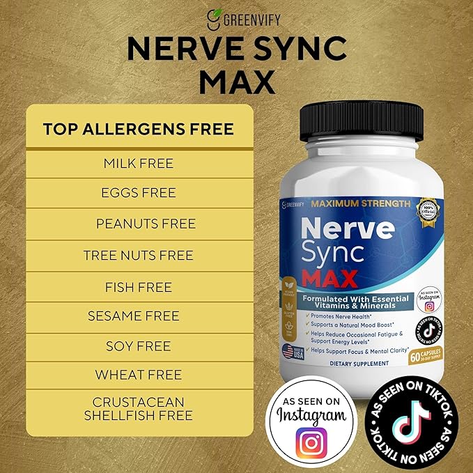 Nerve Sync MAX Supplement 60 Capsules Vegan Friendly with Essential Vitamins &amp Minerals for Nerve Health. (3)