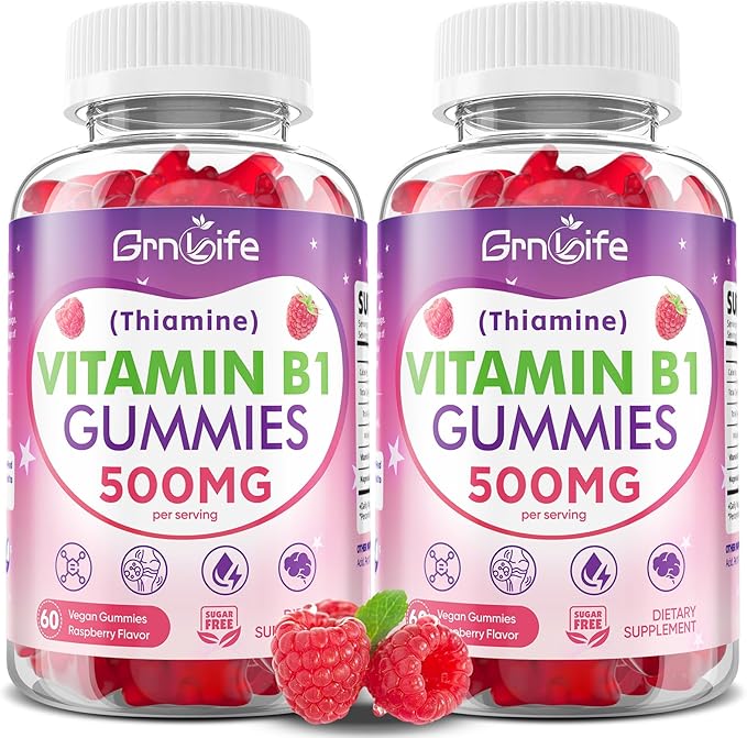 2 Pack Vitamin B1 Gummies 500mg for Adults &amp Kids – High Potency Thiamine B1 Supplement for Energy &amp Nervous System Support Sugar-Free Raspberry Flavor 120 Count